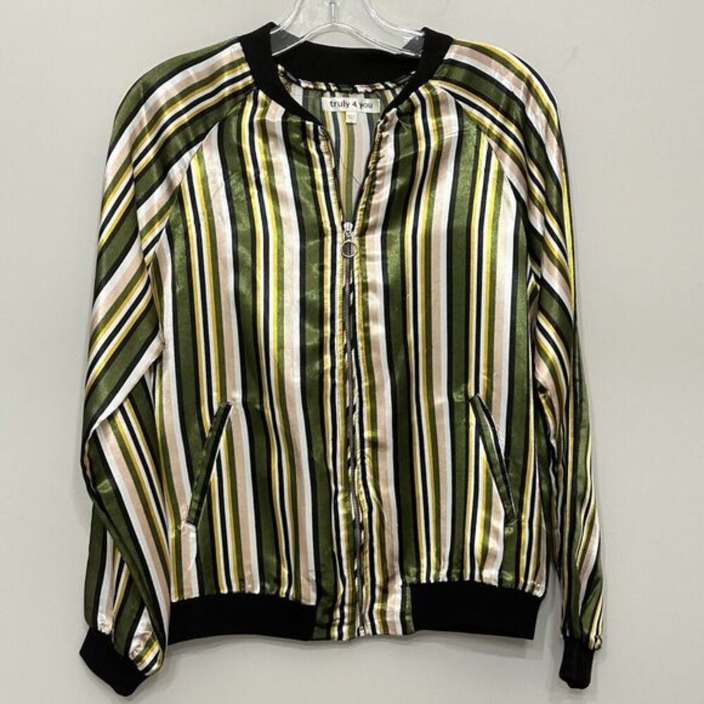 Truly‎ 4 You Satin Jacket Womens Small Green Shiny Striped Bomber Retro